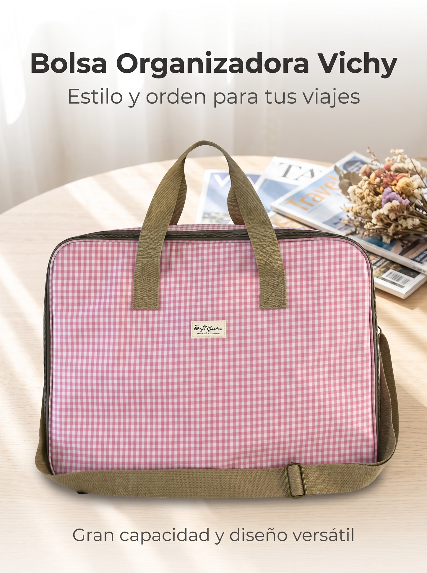 Bolsa organizadora para maleta Vichy con asas y correa de hombro