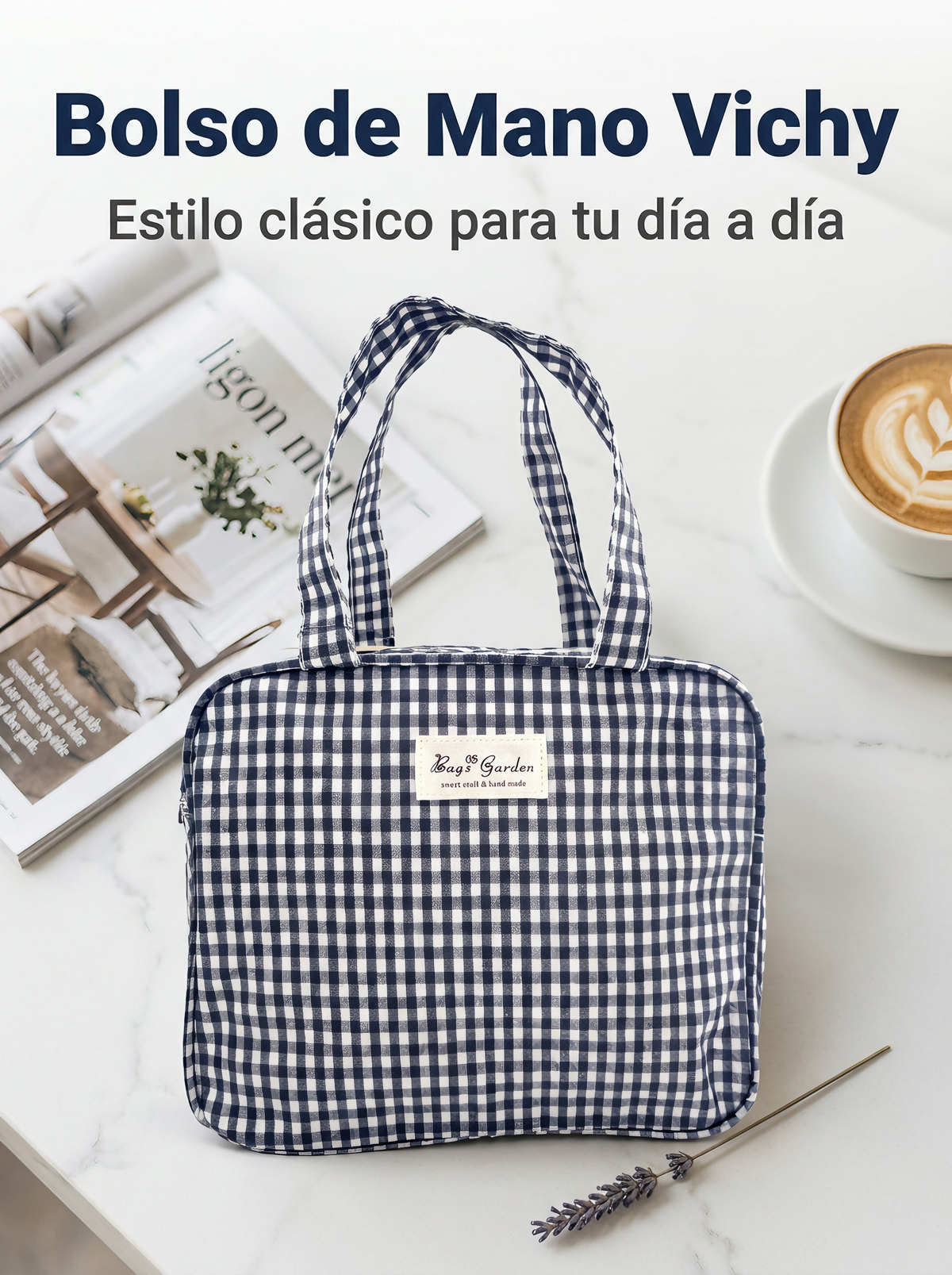 Bolso de Mano Vichy con Cremallera, Dos Asas e Interior Forrado
