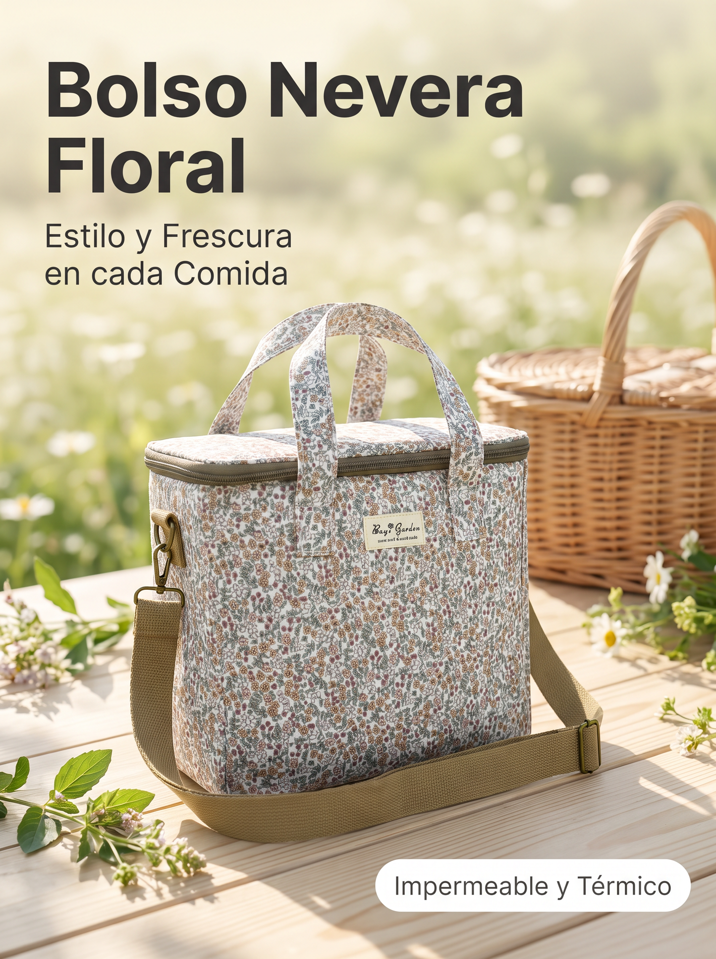 Bolso Nevera pequeño Floral Impermeable con Asa y Correa Ajustable para Comida, Trabajo, Playa y Picnic