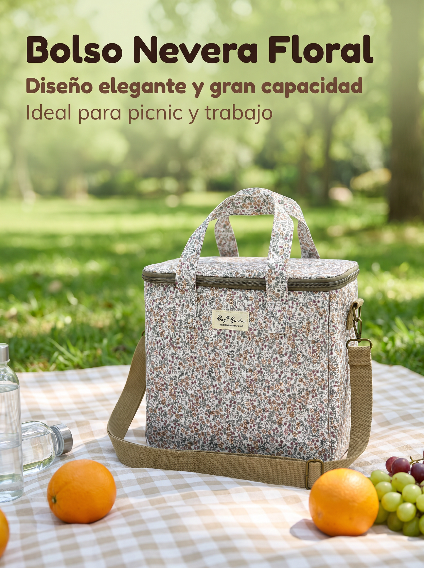 Bolso Nevera Grande Floral Impermeable con Interior Térmico y Asas para Comida, Playa y Picnic