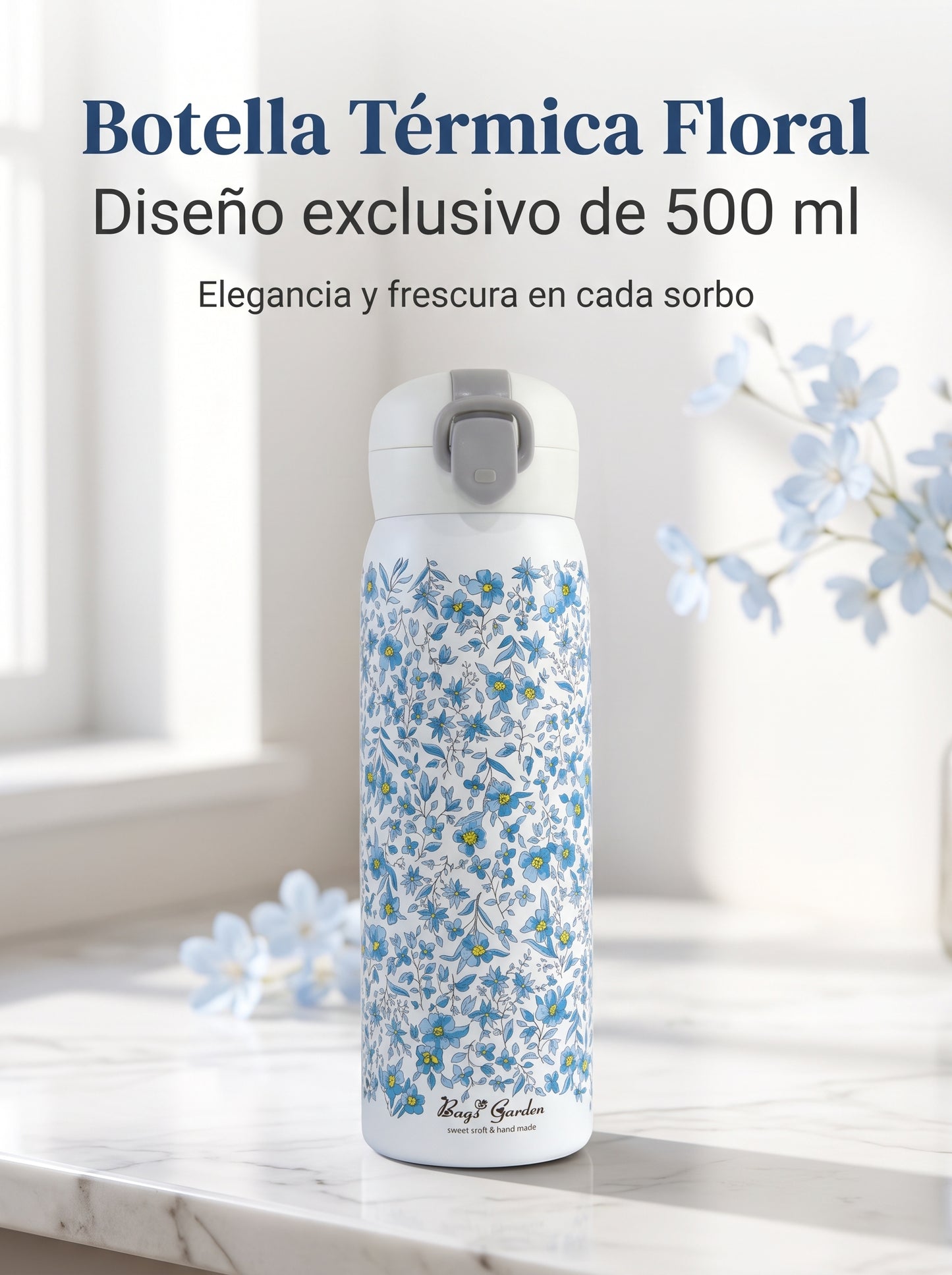 Botella Térmica Floral 500 ml con Pulsador y Cierre de Seguridad
