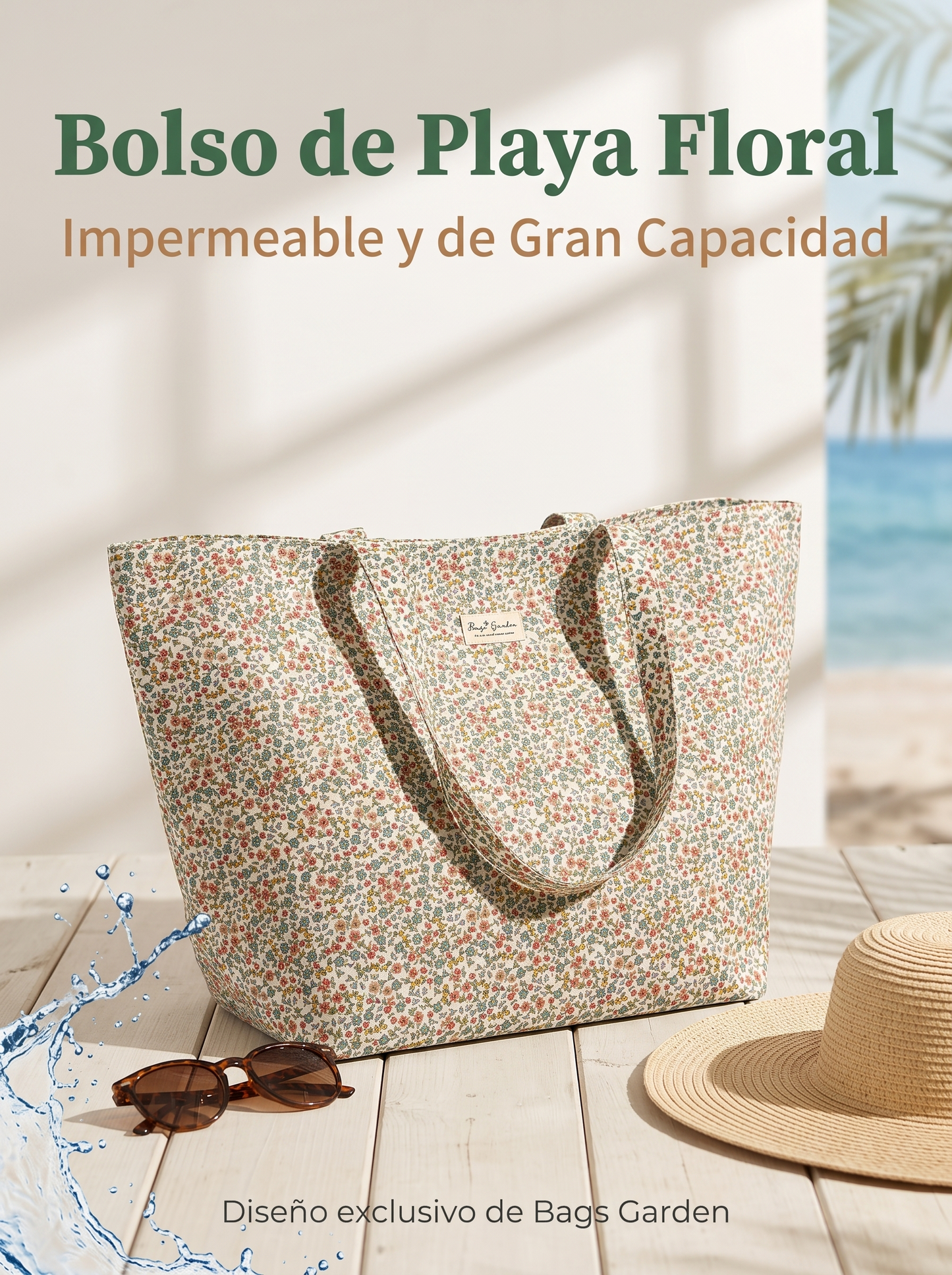 Bolso de Playa Floral Grande Impermeable con Cremallera y Asas Largas para Viajes, Piscina y Uso Diario