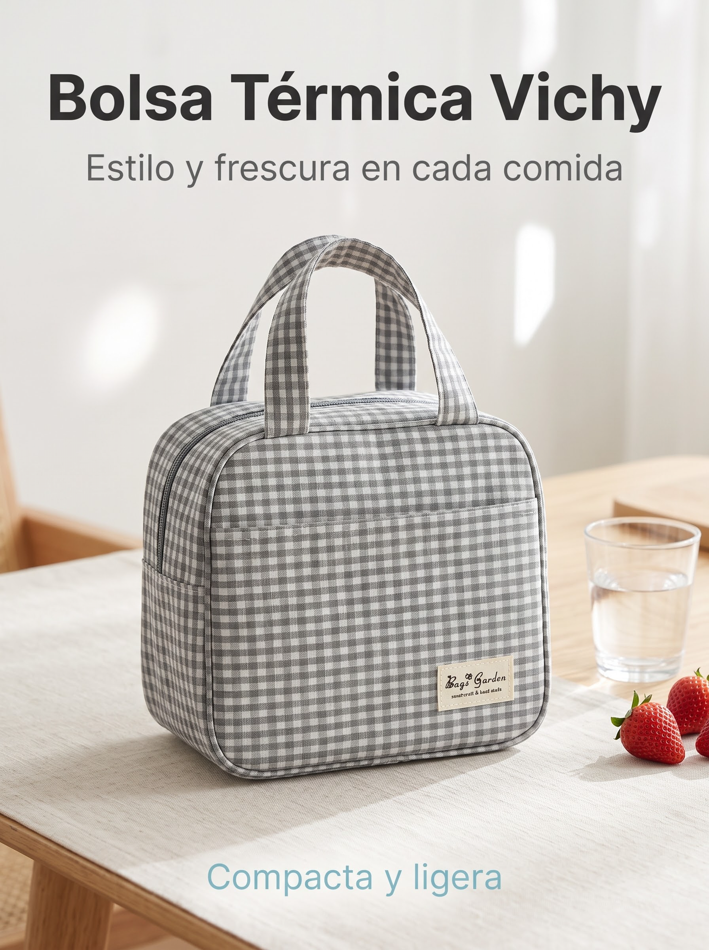 Bolsa nevera pequeña de algodón Vichy con asas