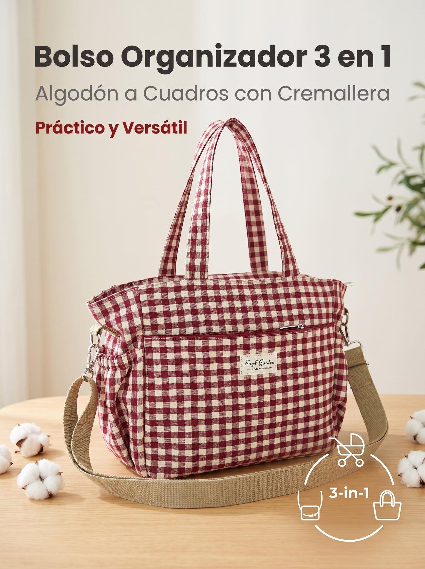 Bolso Organizador 3 en 1 para Carrito de Bebé de Algodón a Cuadros con Cremallera