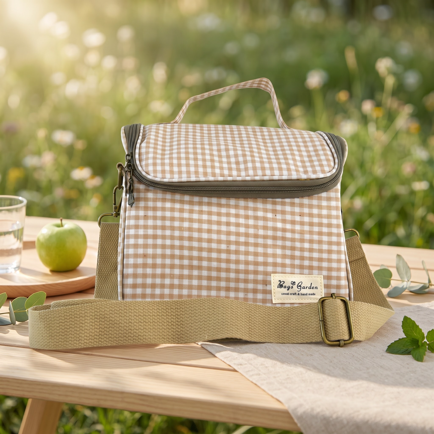 Bolsa nevera de algodón Vichy con asa y correa de hombro