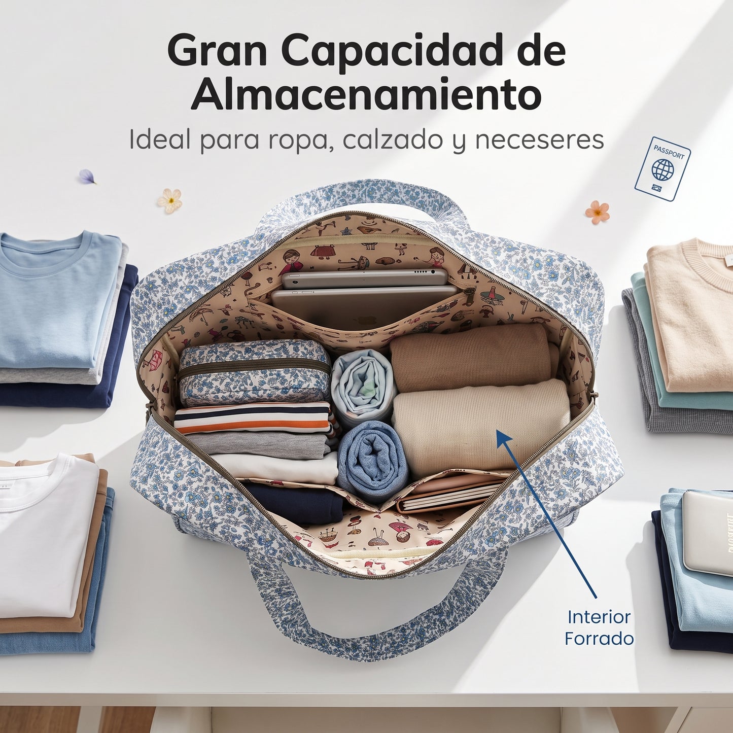 Bolso de Viaje Floral Grande Impermeable con Cremallera, Asas Largas y Correa de Hombro Ajustable