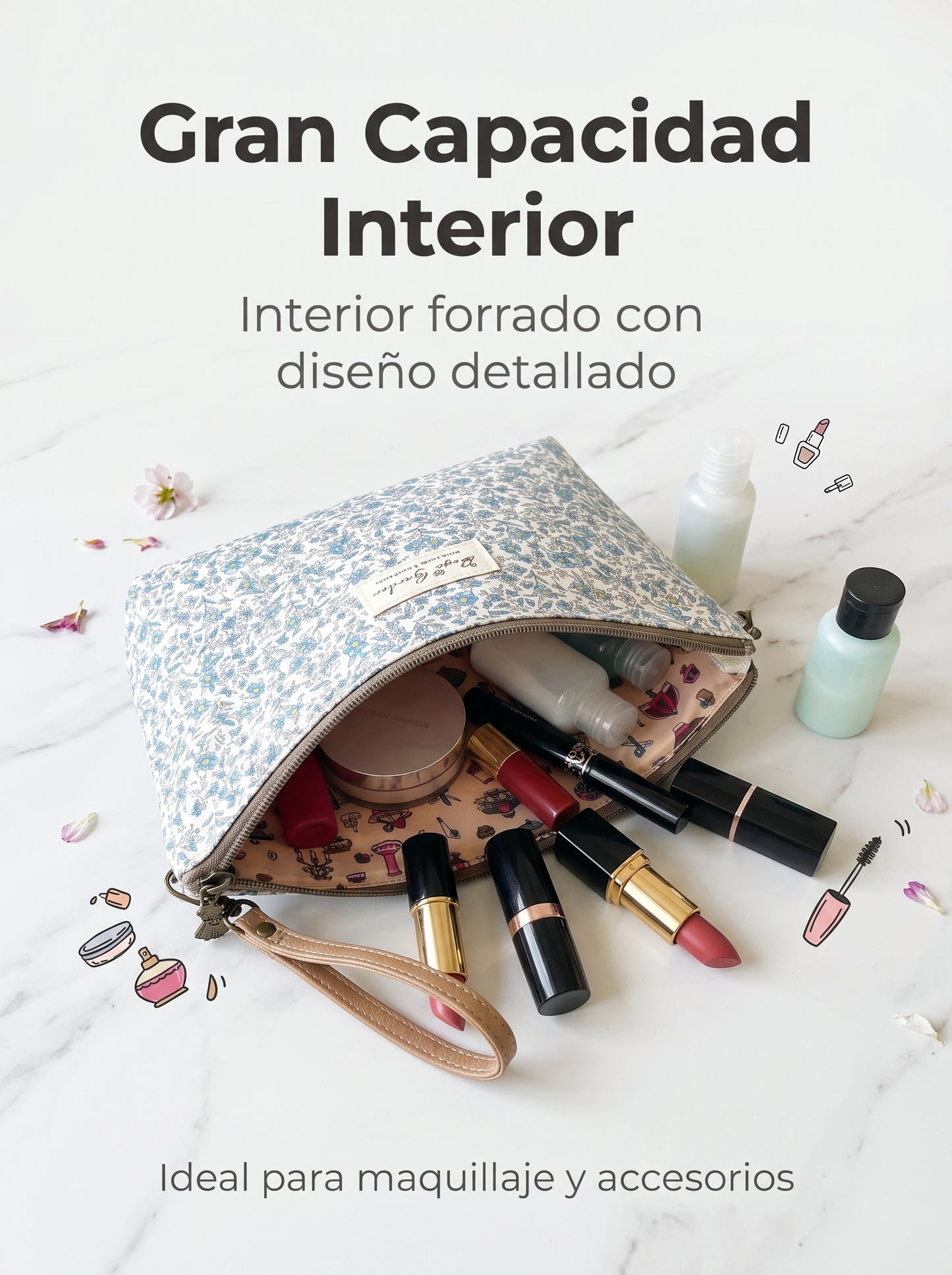 Neceser Mediano Floral Impermeable Bags Garden con Asa de Muñeca y Bolsillo Trasero con Cremallera