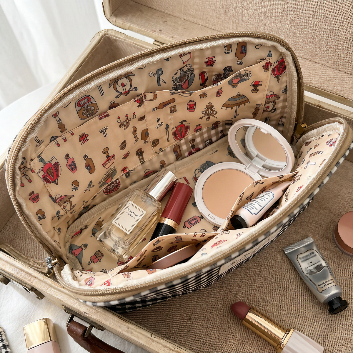 Set de 3 Neceseres Vichy Impermeables de Algodón para Viaje, Maquillaje y Cosméticos