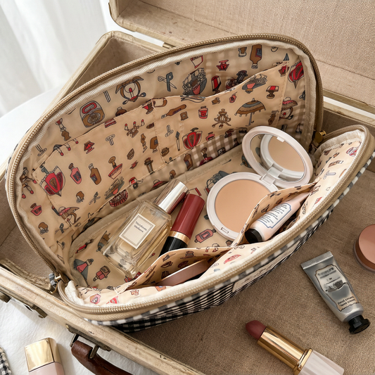 Set de 3 Neceseres Vichy Impermeables de Algodón para Viaje, Maquillaje y Cosméticos