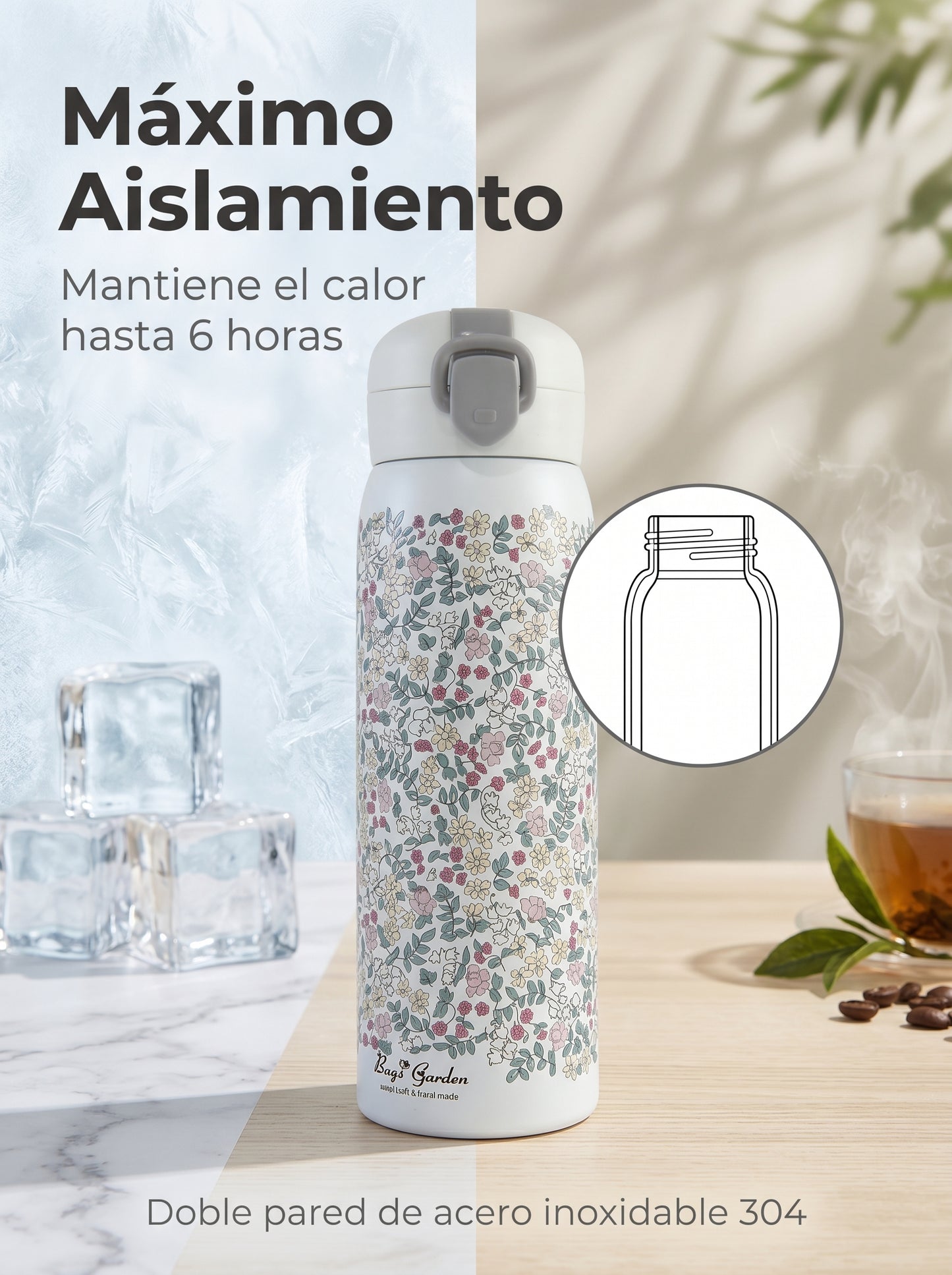 Botella Térmica Floral 500 ml con Pulsador y Cierre de Seguridad