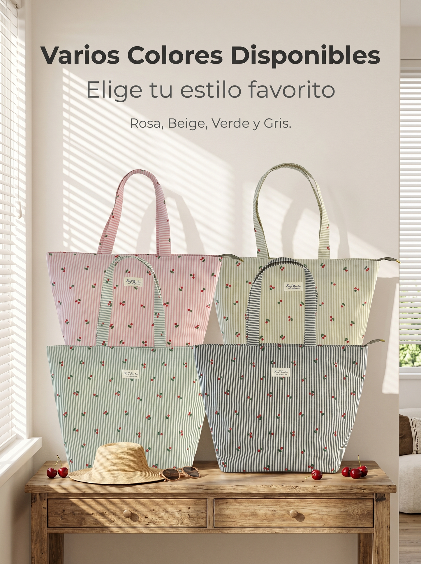 Bolso de Playa Pequeño Rayas con Cereza | Bolsa Ligera con Cremallera