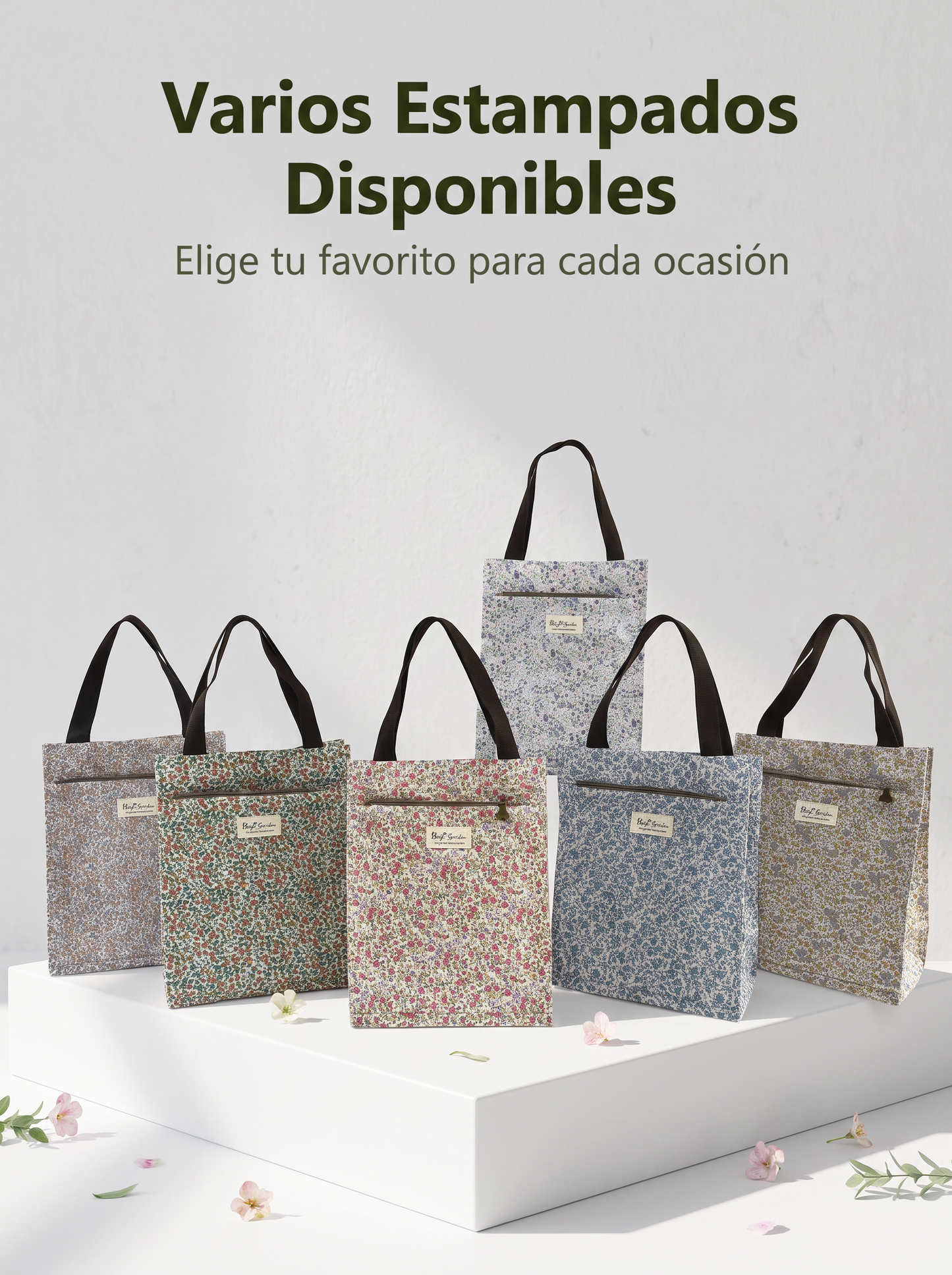 Bolso de Mano Mediano Floral Impermeable con Bolsillo Frontal, Cierre de Botón y Asas