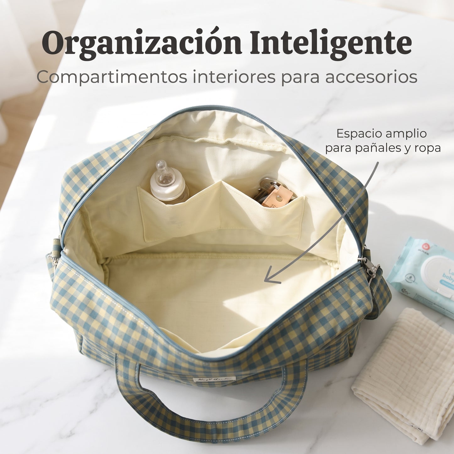 Bolso de Viaje y Maternidad de Algodón a Cuadros con Bandolera Ajustable