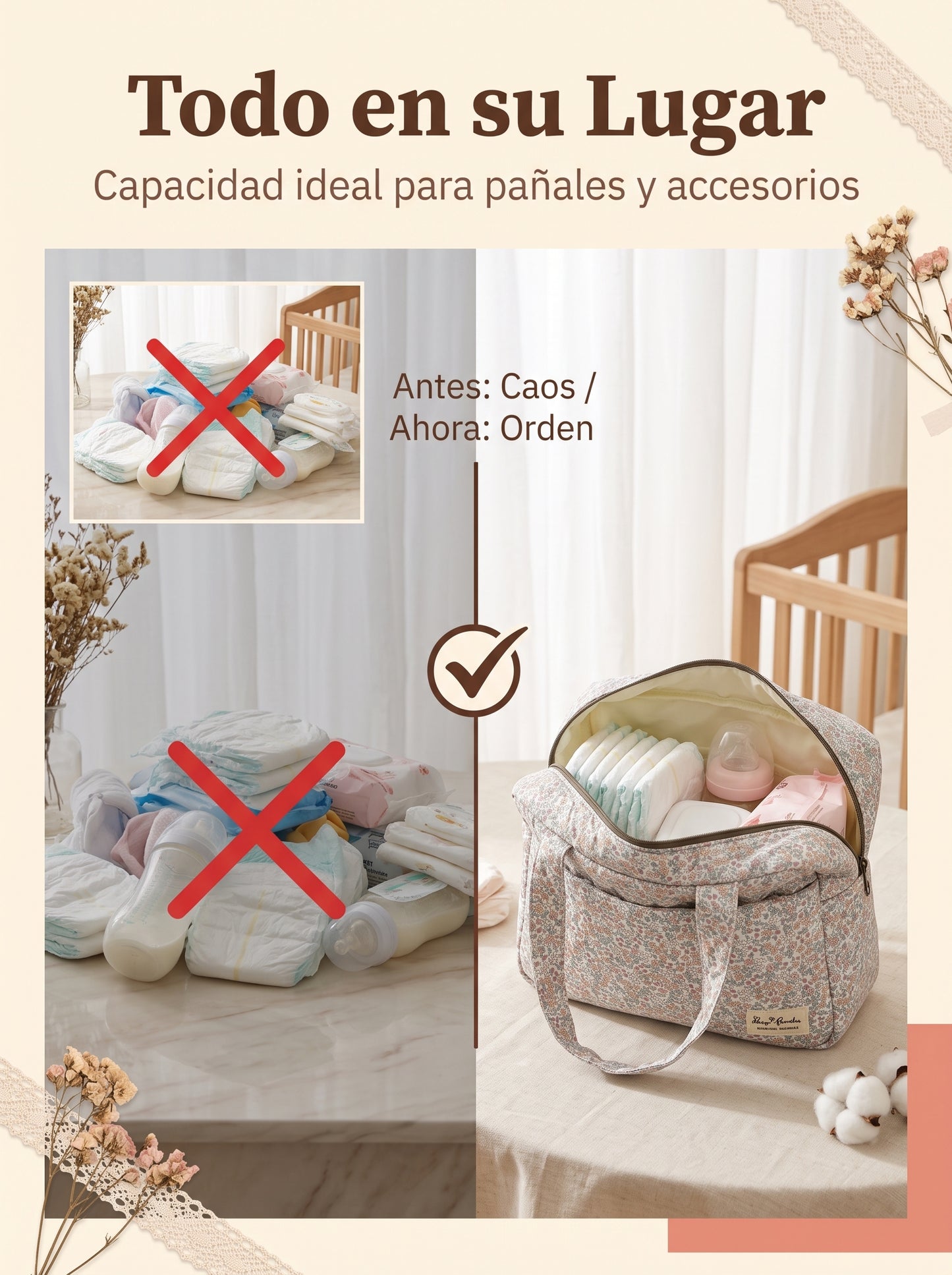 Bolso Organizador Floral de Mano para Artículos de Bebé en Algodón Acolchado