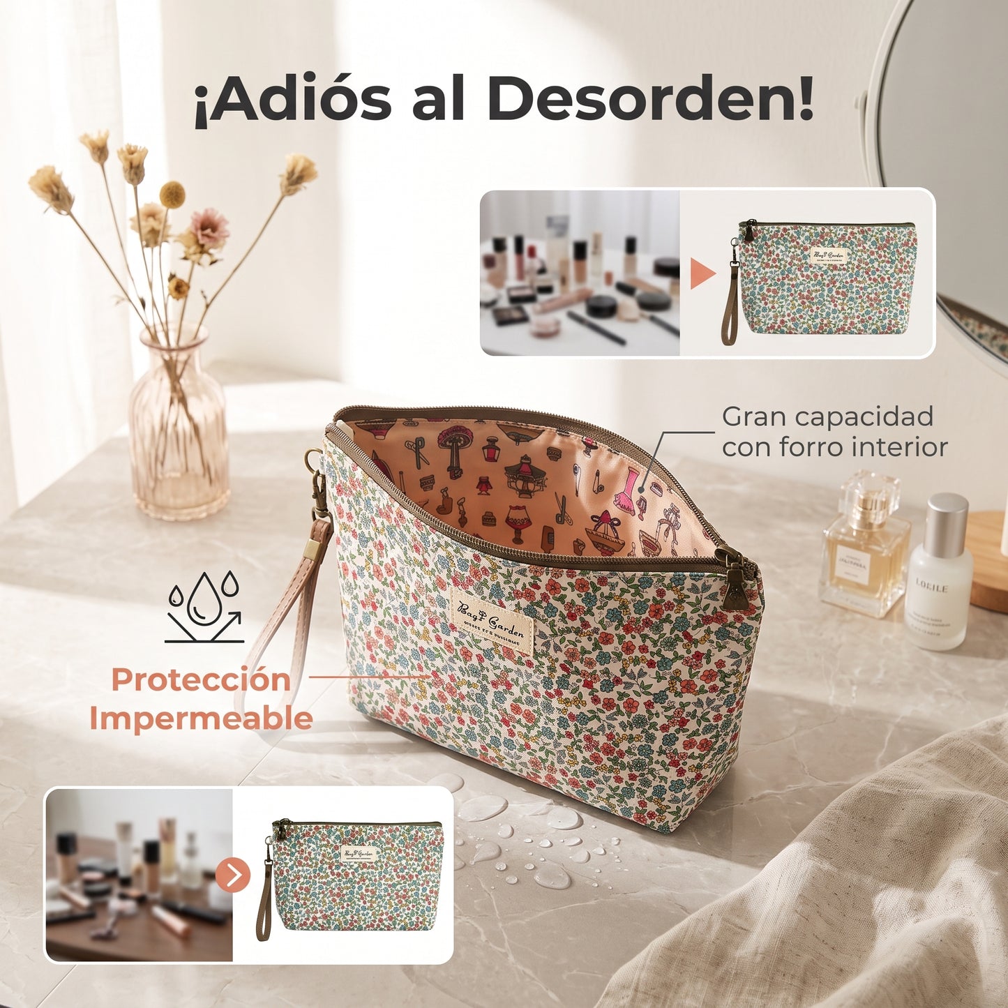 Neceser Mediano Floral Impermeable Bags Garden con Asa de Muñeca y Bolsillo Trasero con Cremallera