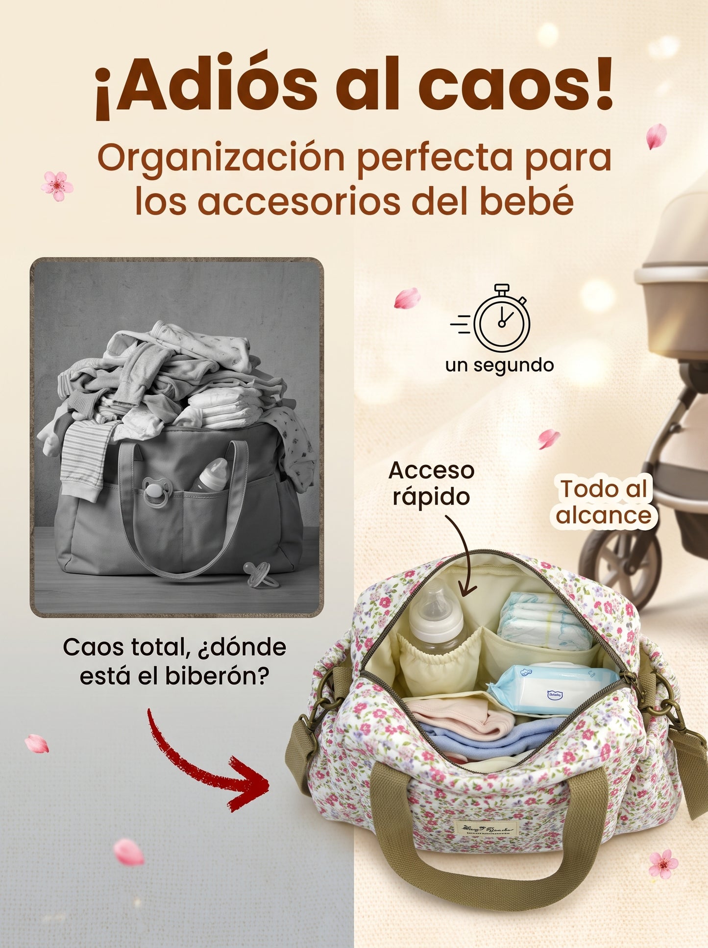 Bolso Organizador Floral para Carrito de Bebé de Algodón
