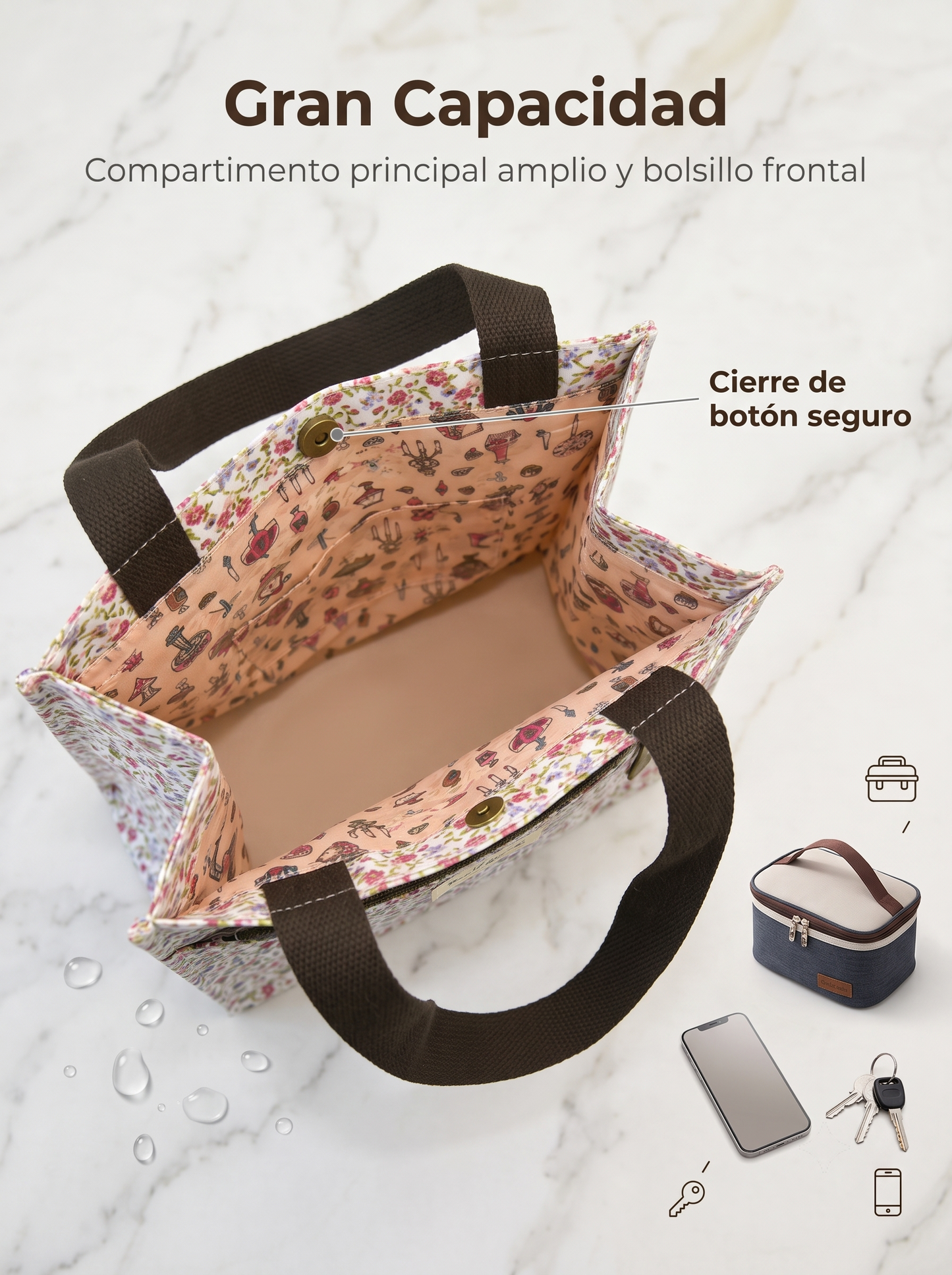 Bolso de Mano pequeño Floral Impermeable con Bolsillo Frontal, Cierre de Botón y Asas para Uso Diario