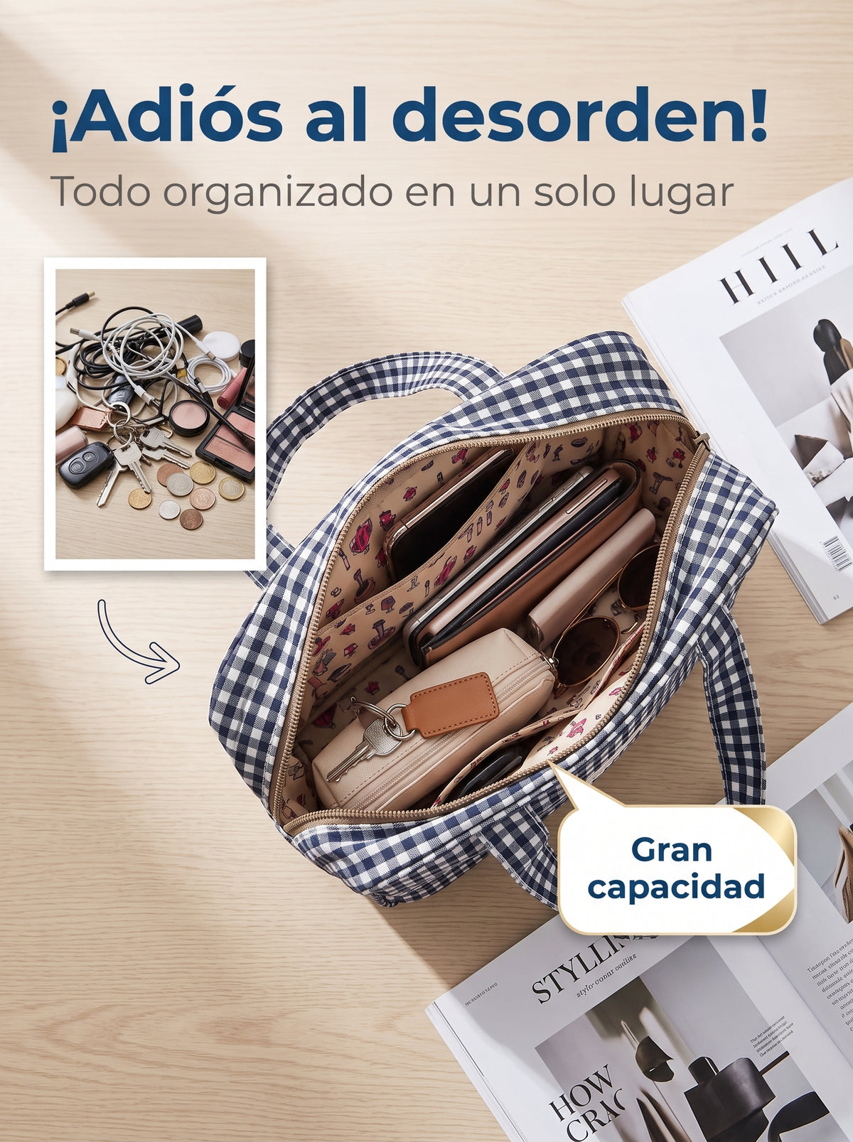Bolso de Mano Vichy con Cremallera, Dos Asas e Interior Forrado