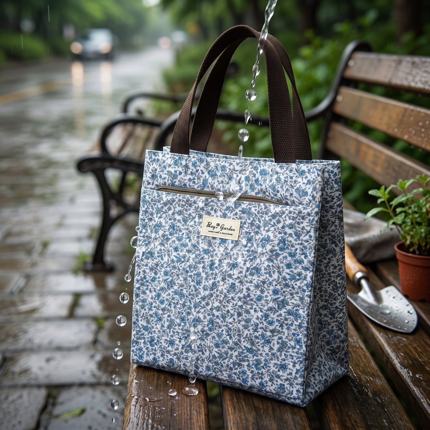 Bolso de Mano Mediano Floral Impermeable con Bolsillo Frontal, Cierre de Botón y Asas