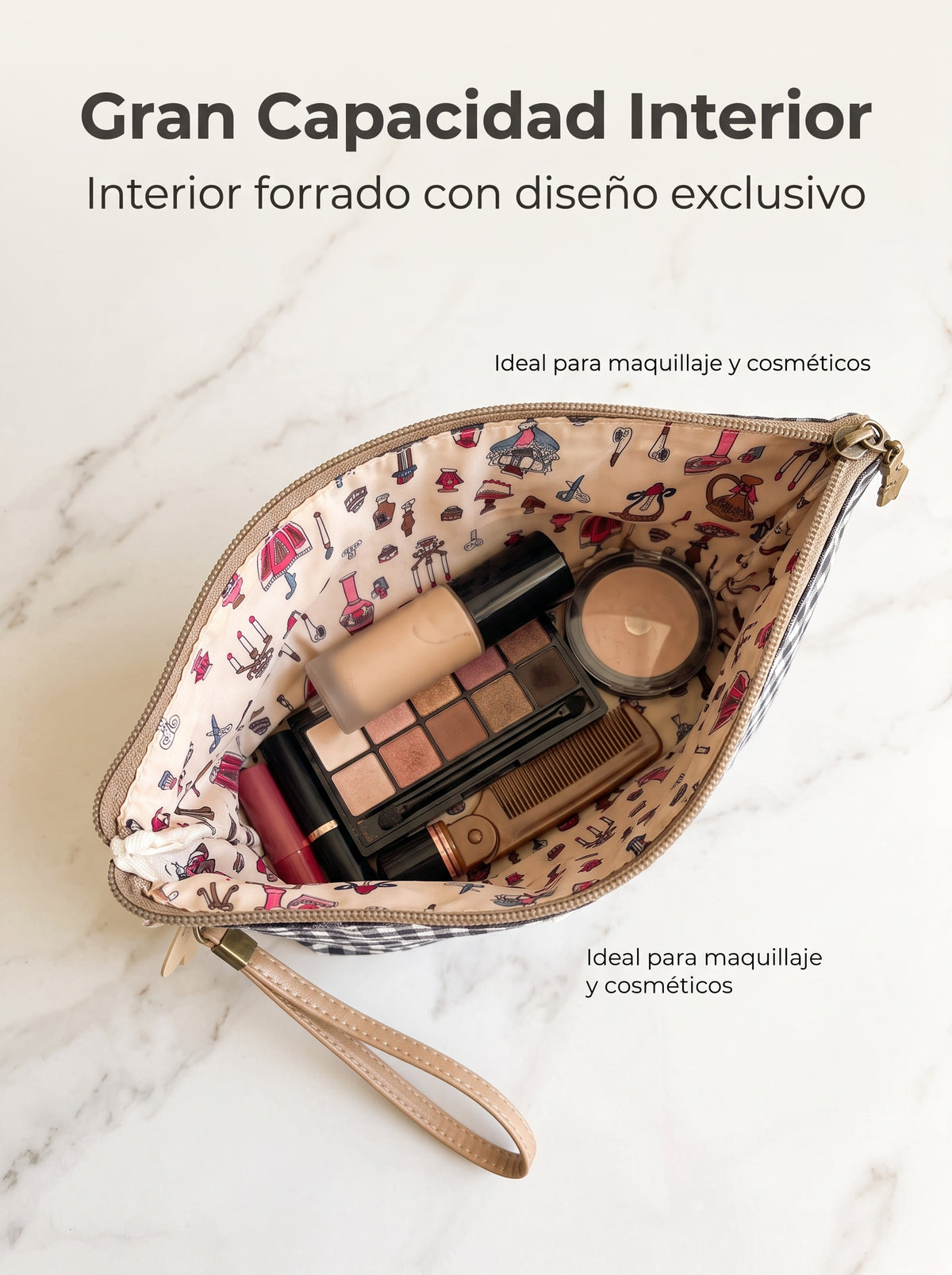 Neceser Mediano Vichy Impermeable con Bolsillo Trasero y Asa de Muñeca