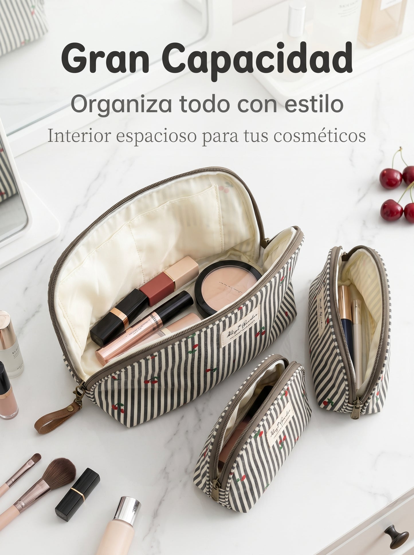 Set de 3 Neceseres Rayas con Cerezas