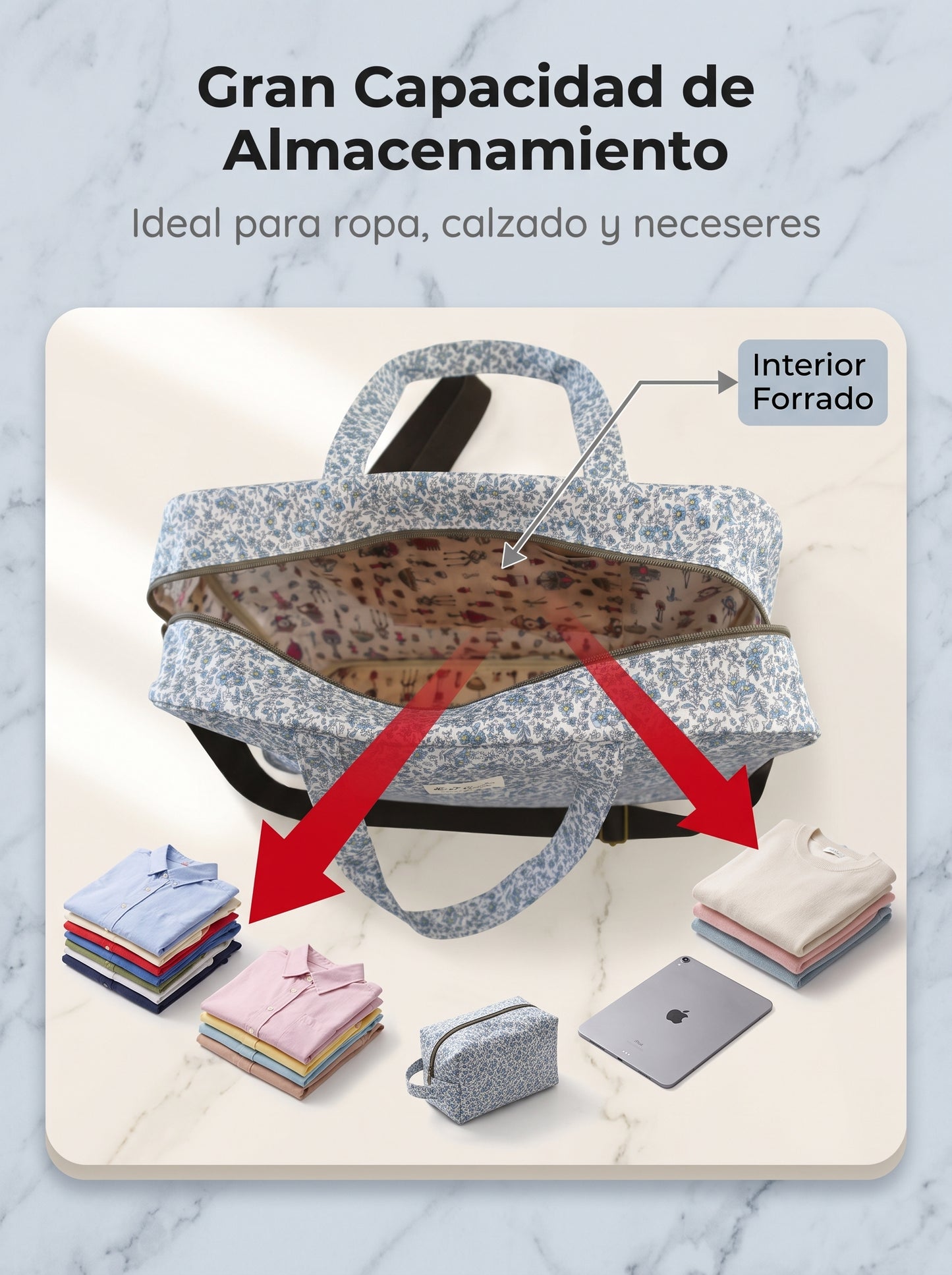 Bolso de Viaje Floral Grande Impermeable con Cremallera, Asas Largas y Correa de Hombro Ajustable