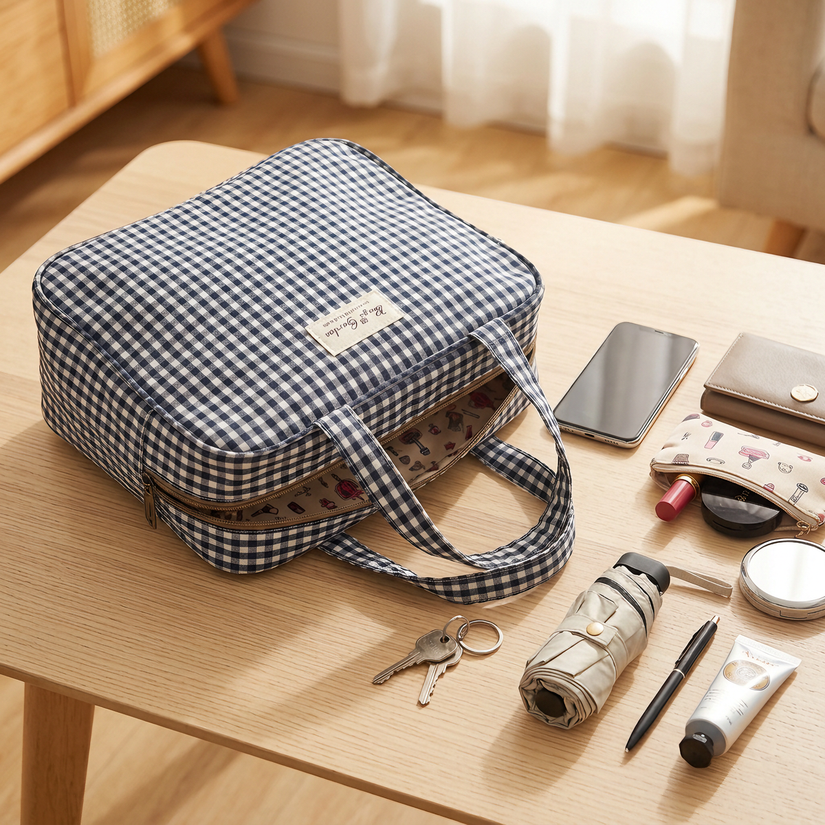 Bolso de Mano Vichy con Cremallera, Dos Asas e Interior Forrado