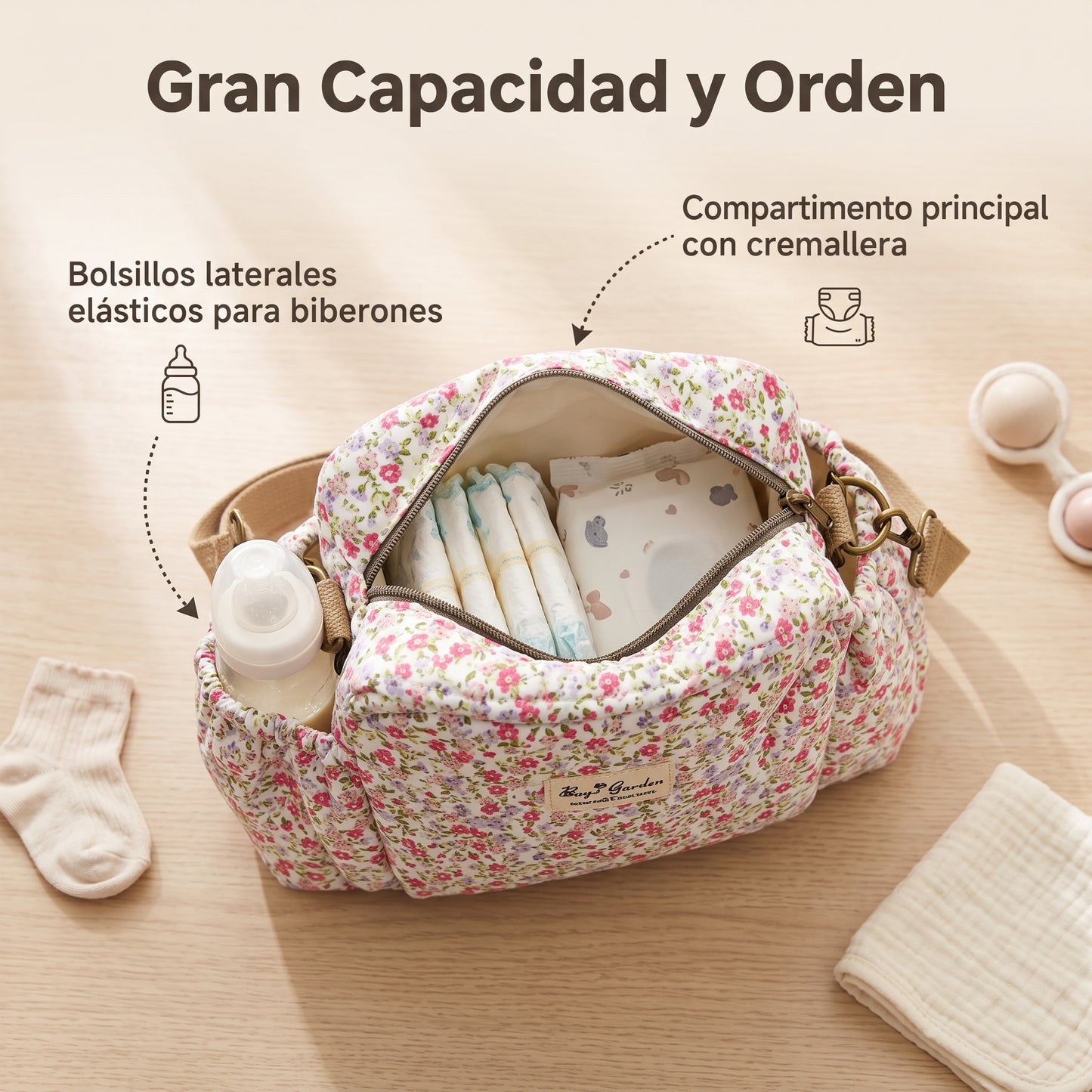 Bolso Organizador Floral para Carrito de Bebé de Algodón