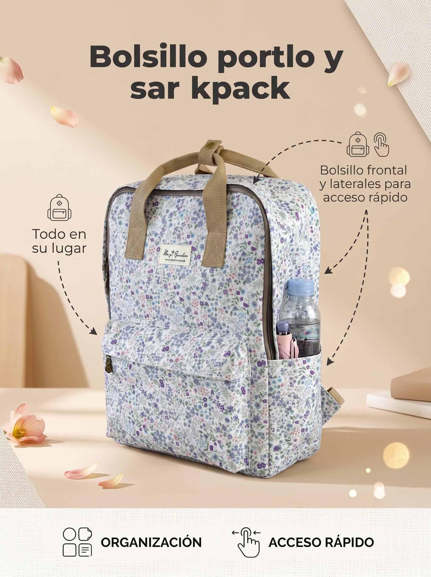 Mochila Floral Impermeable Bags Garden con Bolsillo Frontal, Bolsillos Laterales