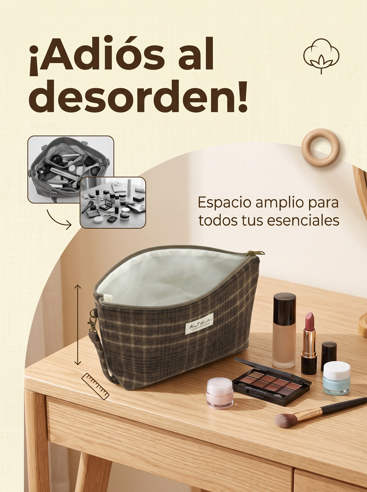 Neceser de cuadros de algodón con asa de muñeca desmontable
