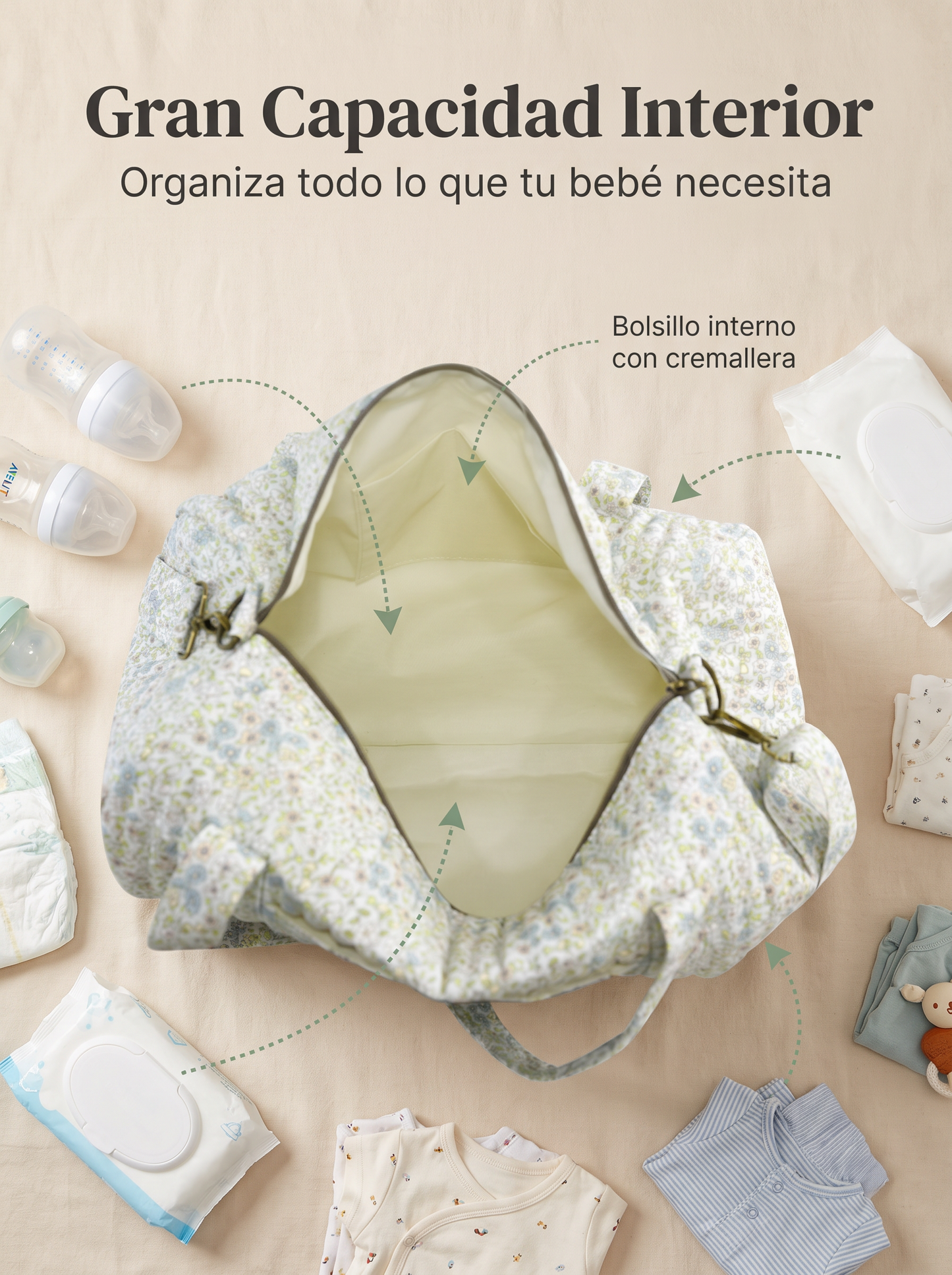 Bolso Maternal Barrel Floral de Algodón Acolchado para Artículos de Bebé con Correa Ajustable