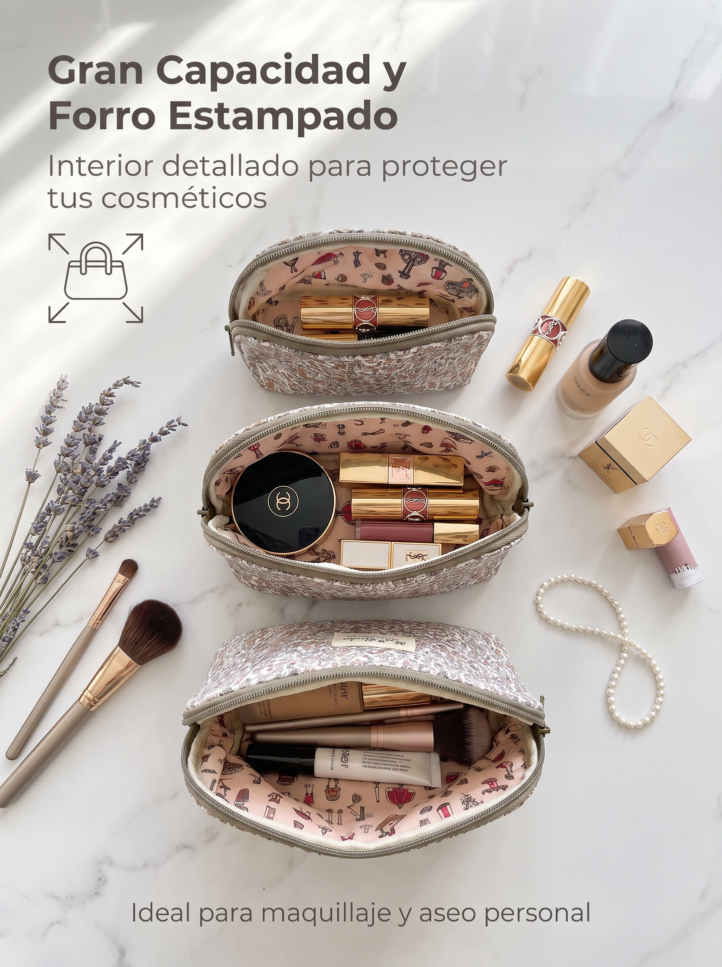 Set de 3 Neceseres Florales Impermeables de Diferentes Tamaños para Maquillaje y Viaje
