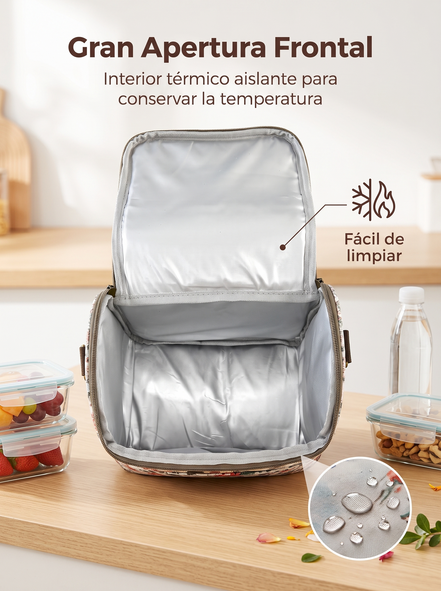 Bolso Nevera Floral Impermeable con Apertura Frontal, Asa y Correa Ajustable para Comida, Trabajo y Picnic