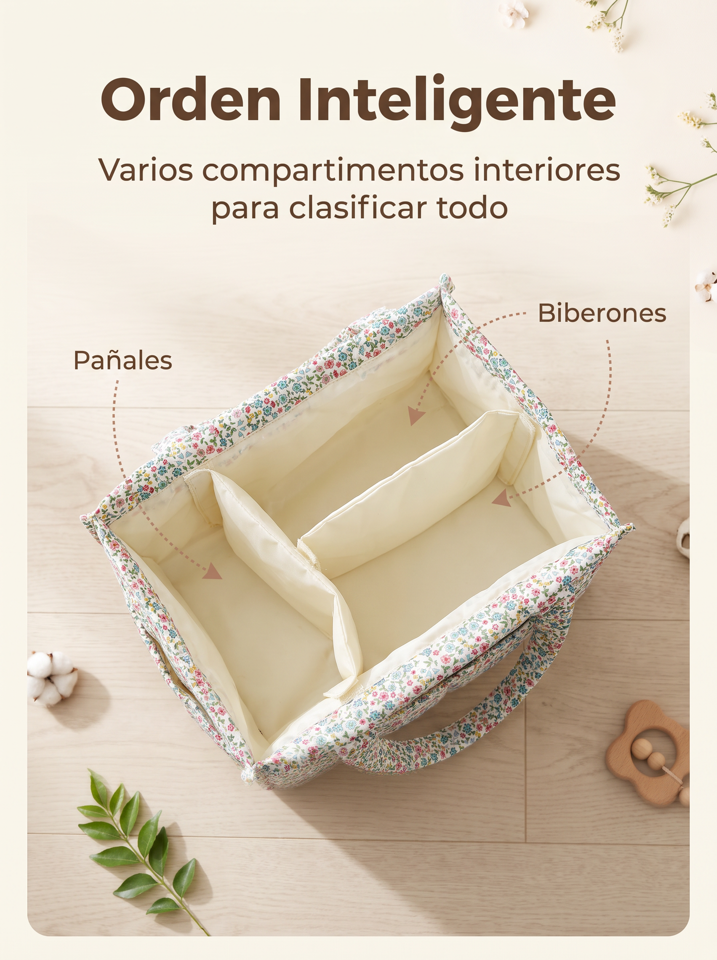 Cesta Organizadora Floral de Algodón Acolchado con Compartimentos y Asas