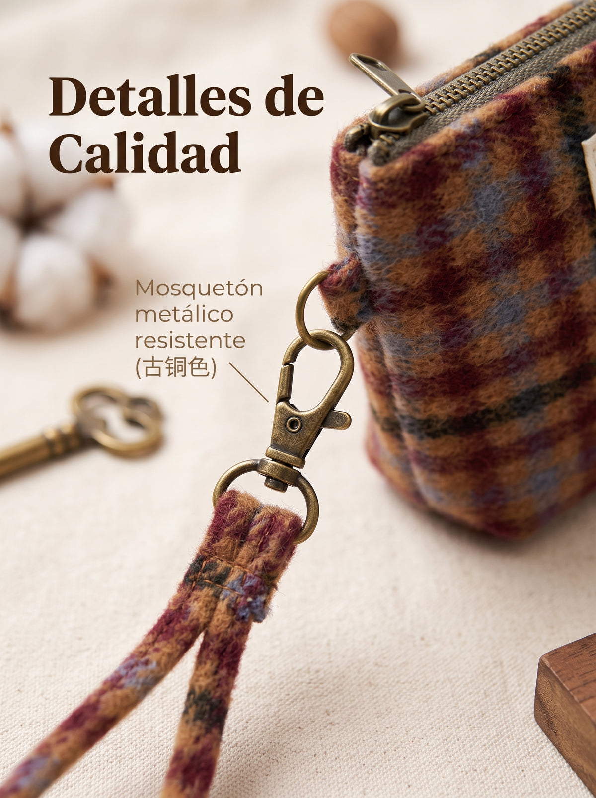 Monedero de cuadros de algodón con asa de muñeca desmontable