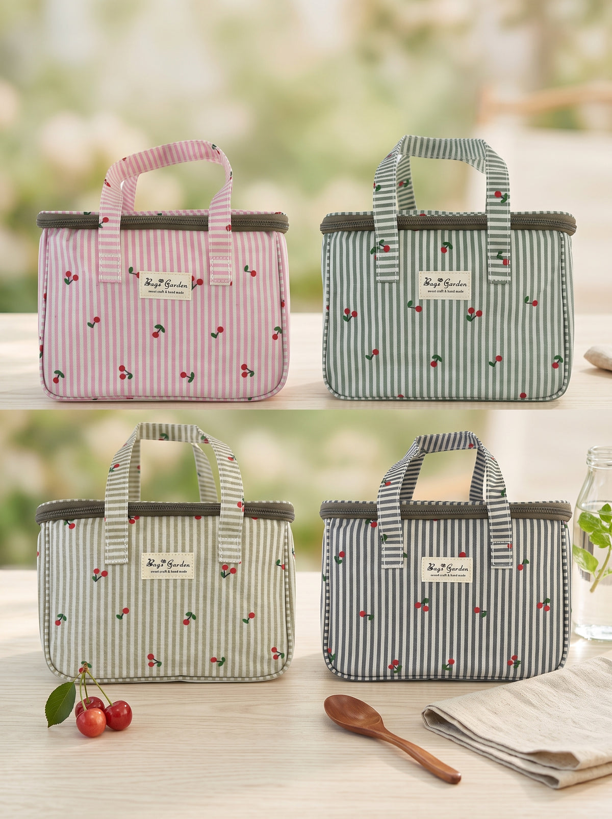Bolsa Nevera de Mano de Rayas con Cerezas