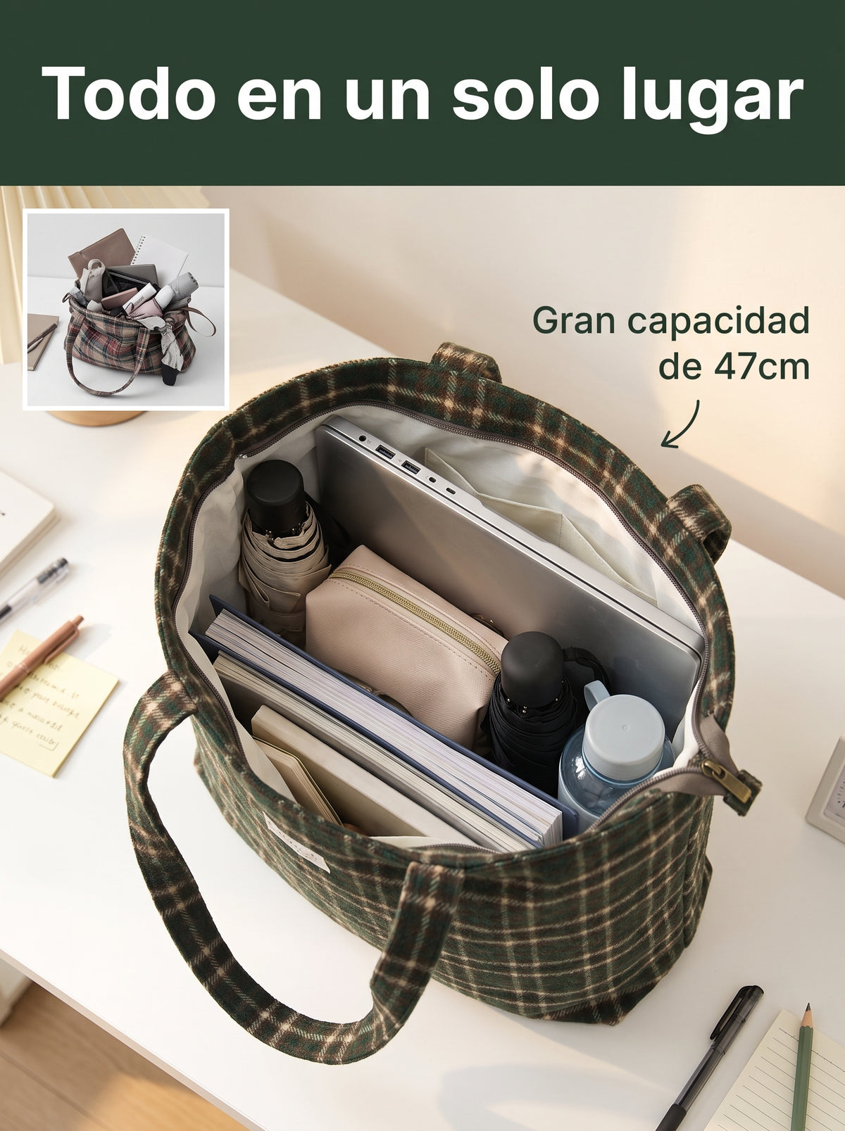 Bolso Tote de Cuadros con Cremallera
