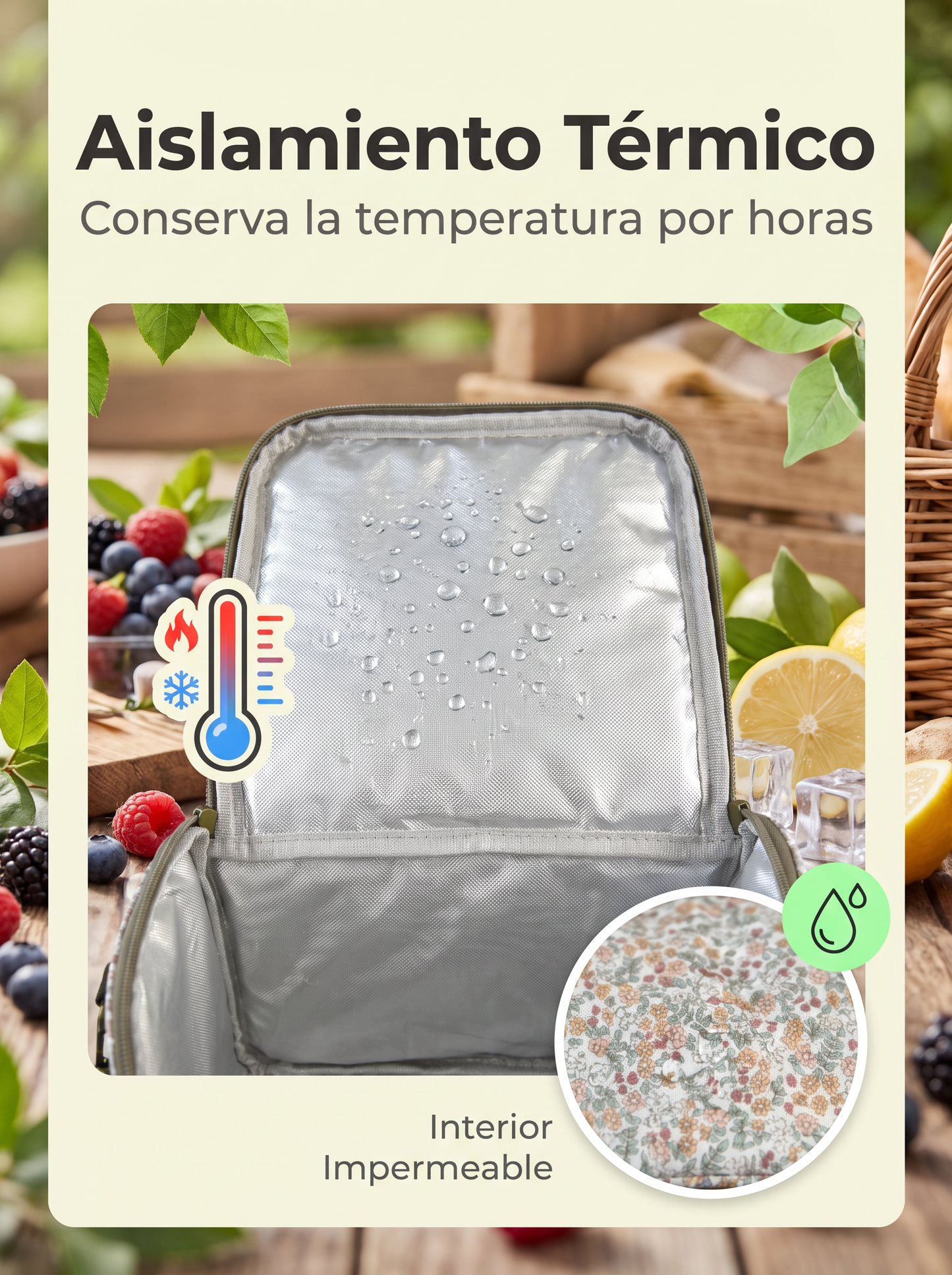 Bolso Nevera Floral Impermeable con Apertura Frontal, Asa y Correa Ajustable para Comida, Trabajo y Picnic
