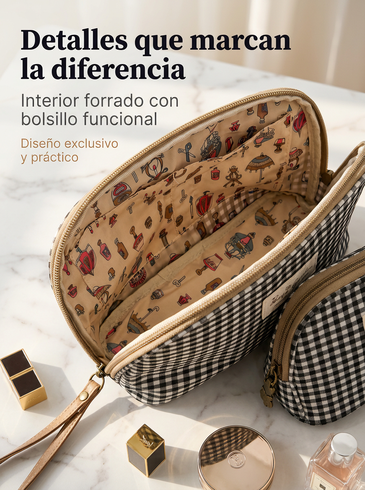 Set de 3 Neceseres Vichy Impermeables de Algodón para Viaje, Maquillaje y Cosméticos
