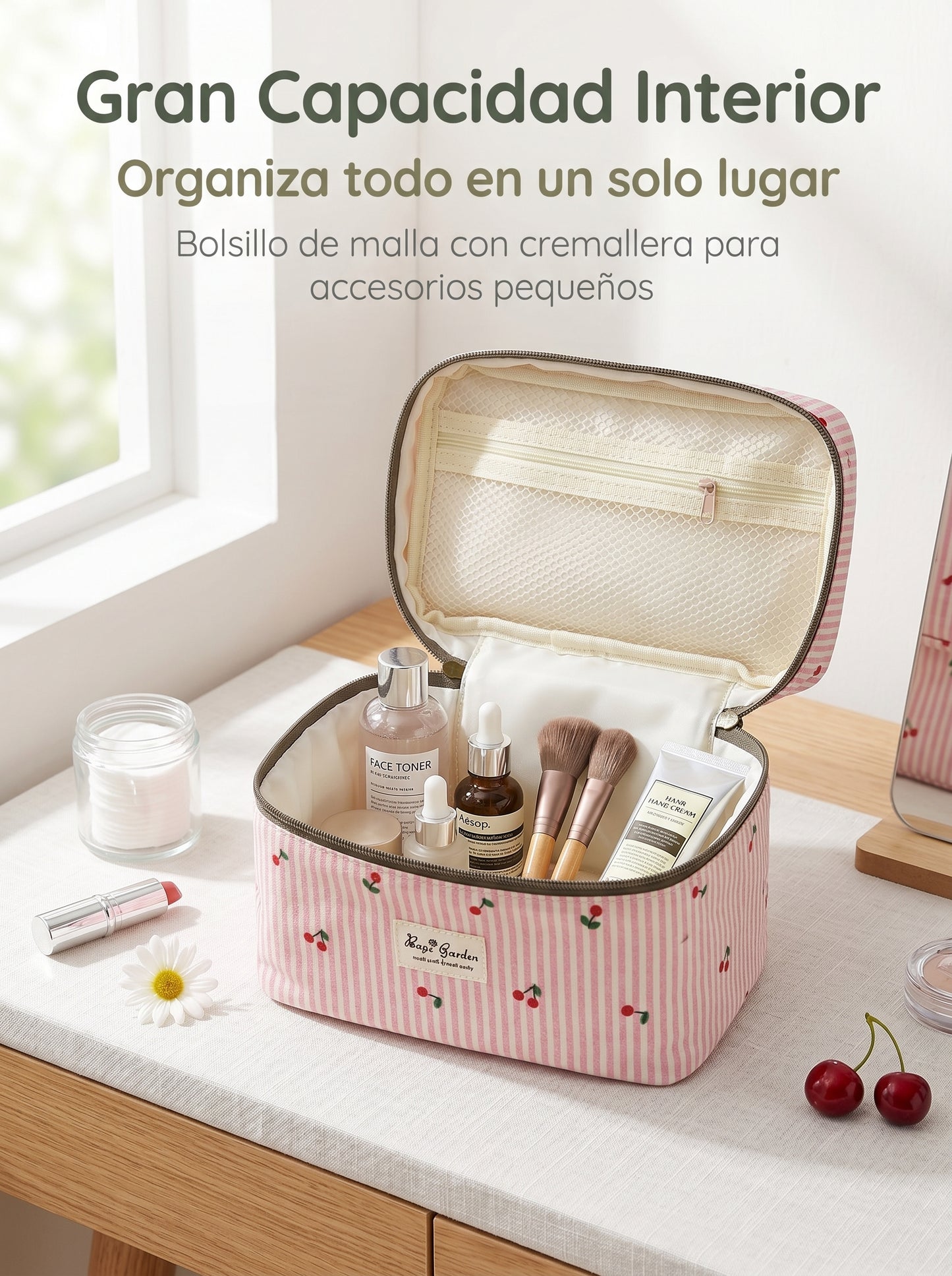 Neceser Rayas con Cerezas | Organizador de Viaje y Cosméticos
