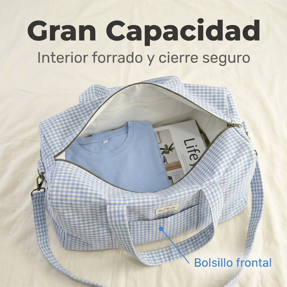 Bolso Barrel de Algodón Vichy con Asa y Bandolera