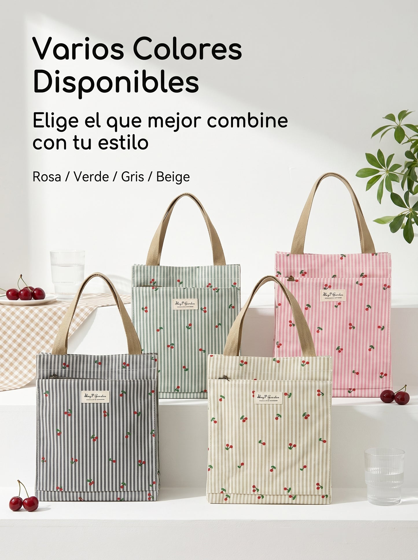 Bolso de almuerzo mediano rayas con cerezas