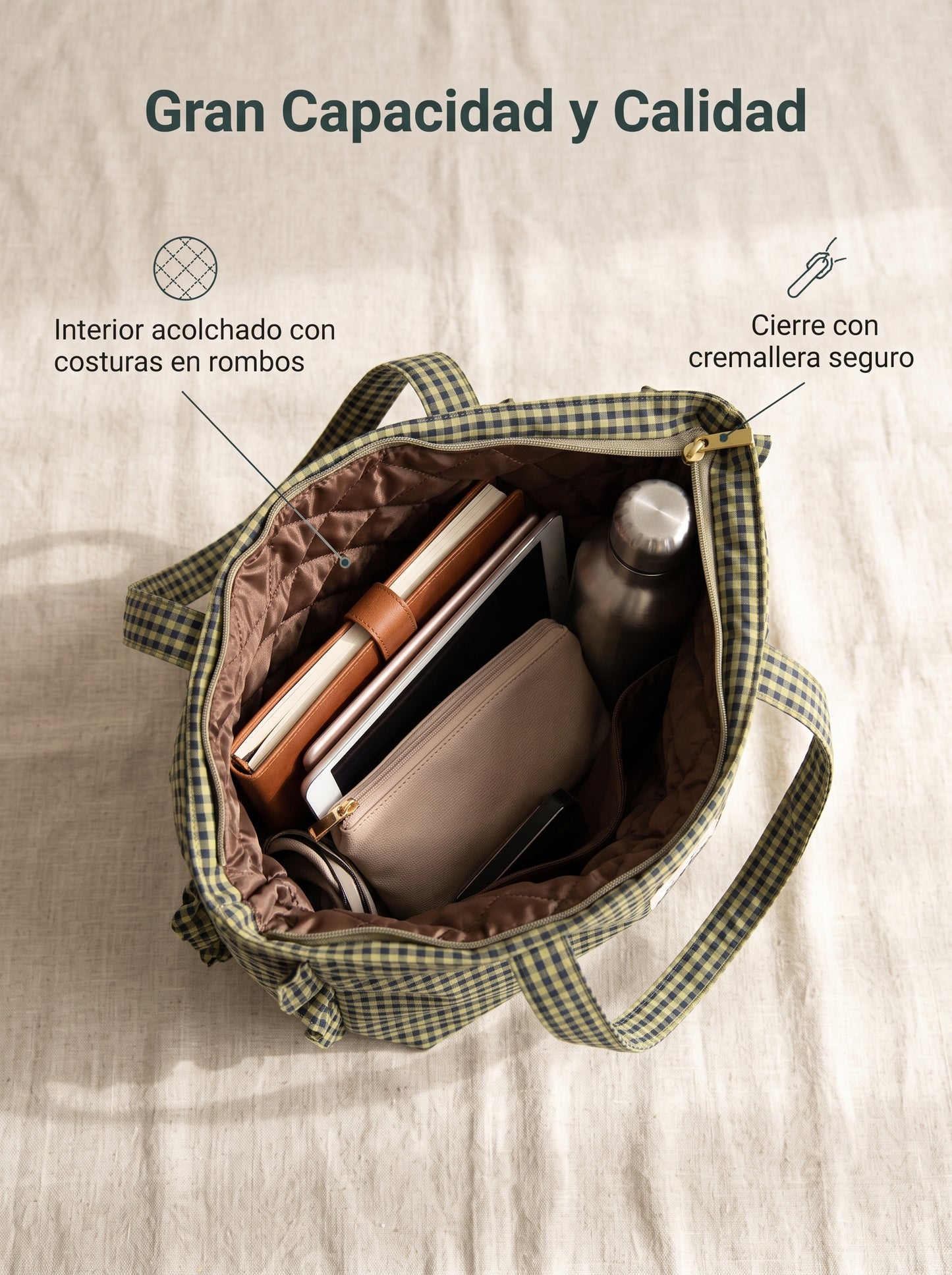 Bolso Tote de Hombro de Cuadros con Volantes y Cremallera
