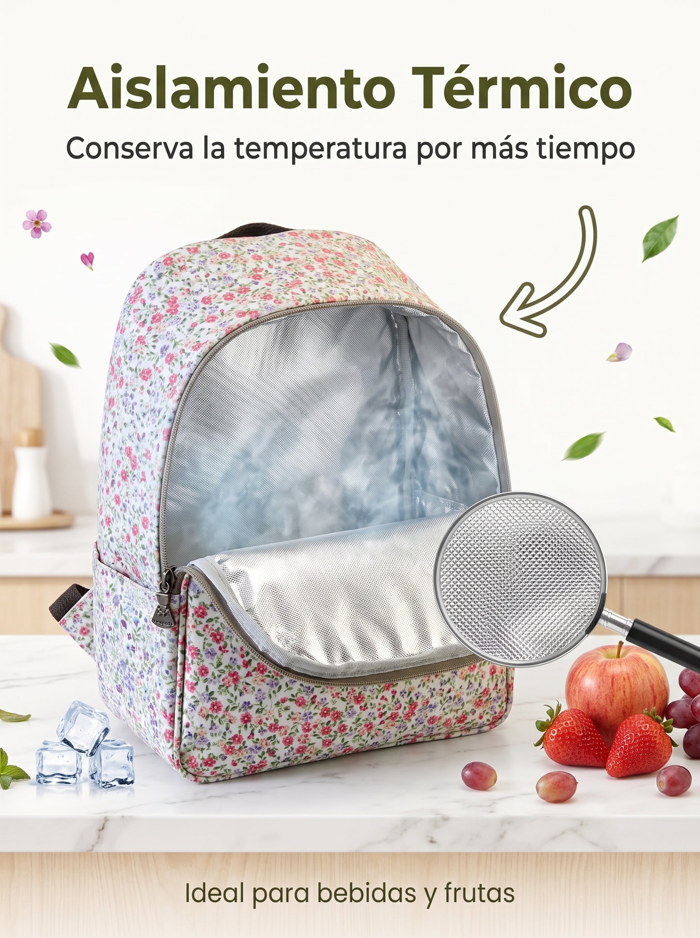 Mochila Nevera Floral Impermeable con Interior Térmico, Doble Cremallera, Bolsillos Laterales y Tirantes Ajustables