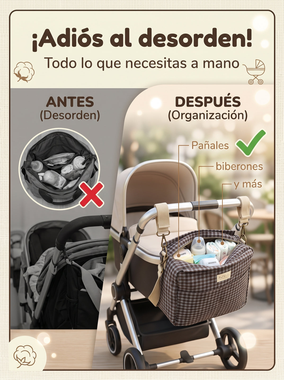 Bolso organizador para carrito de bebé de cuadros de algodón con bandolera