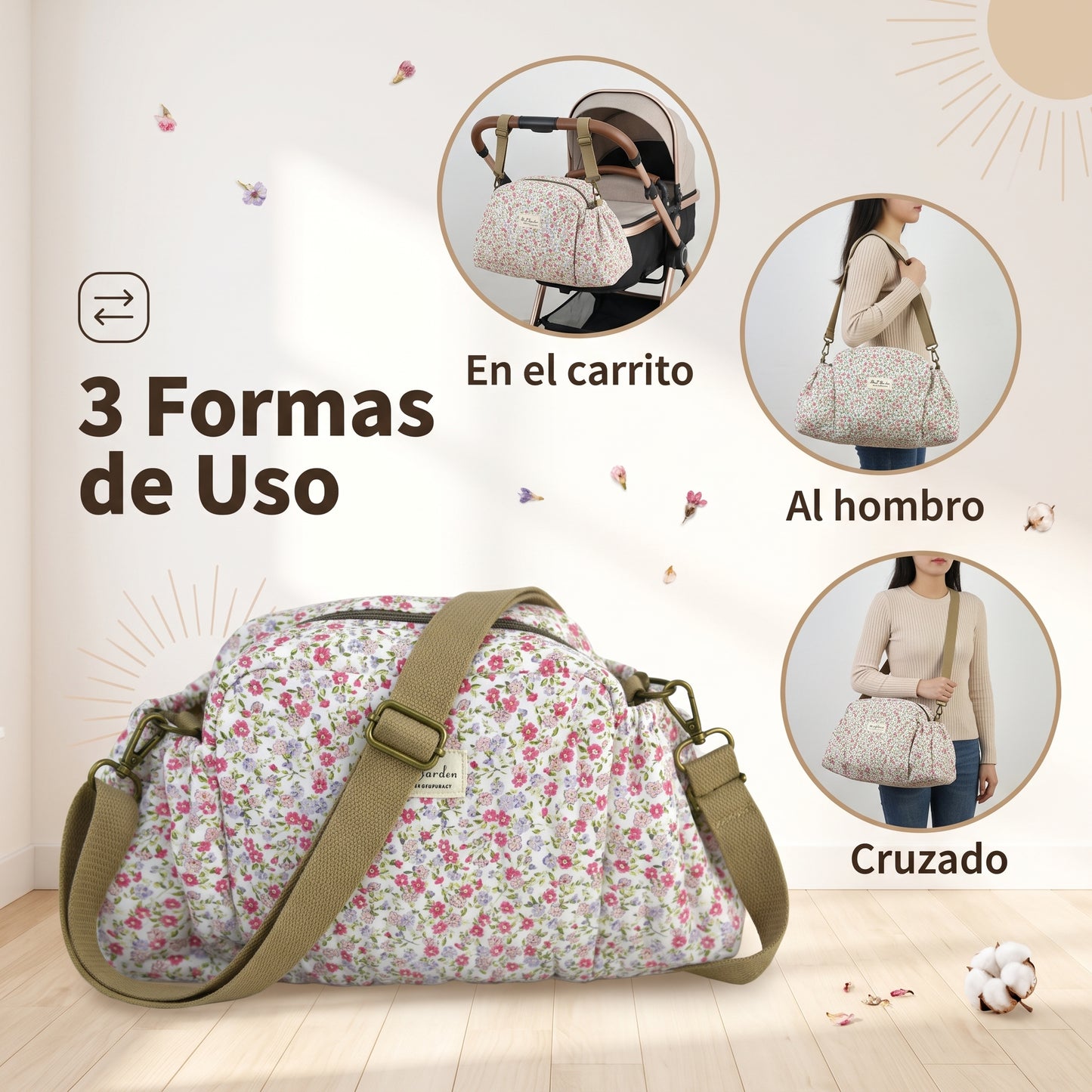 Bolso Organizador Floral para Carrito de Bebé de Algodón