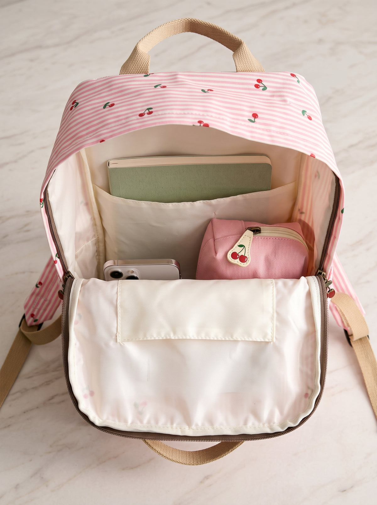 Mochila de Rayas con Cerezas con Bolsillo Frontal