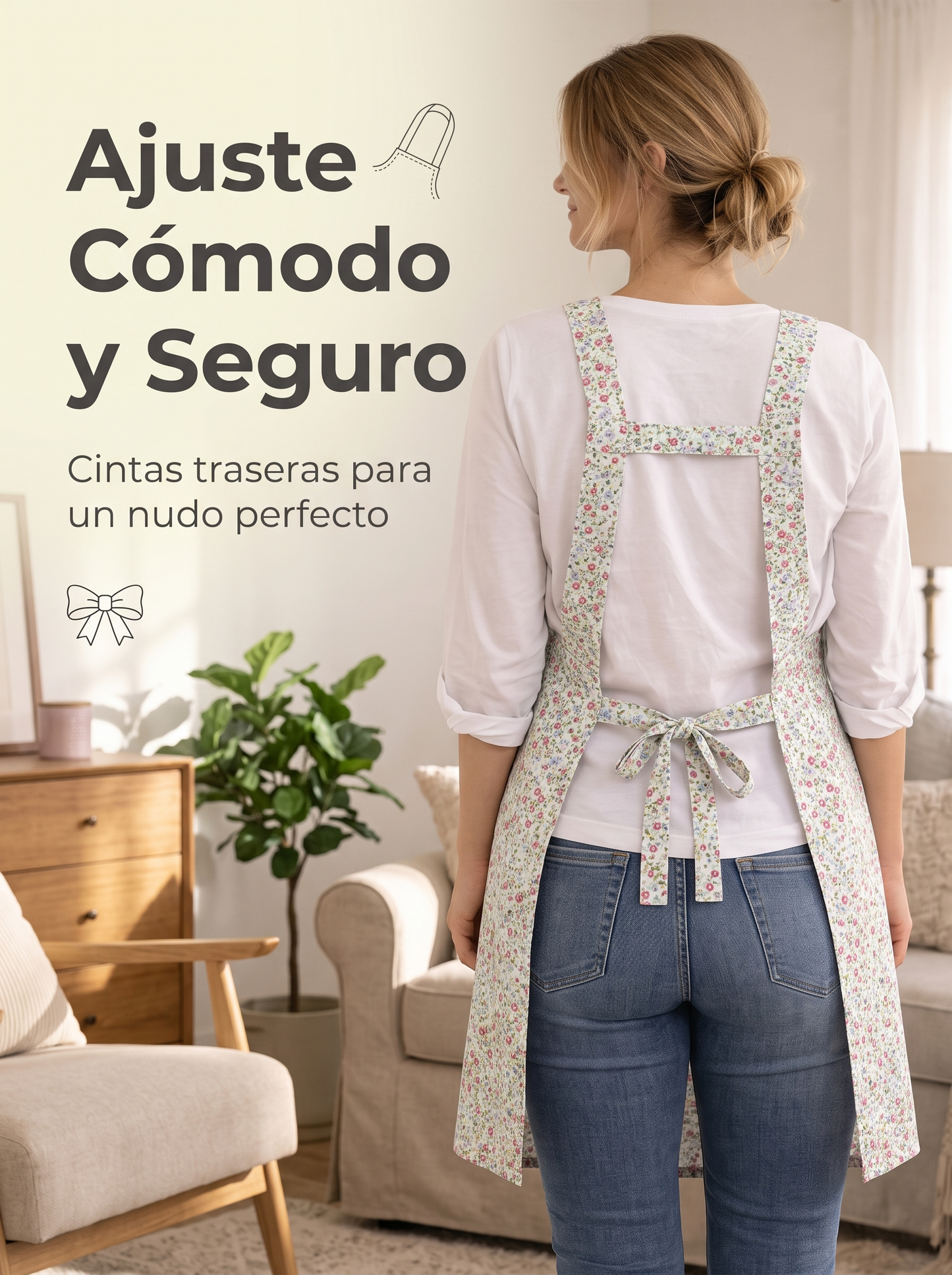 Delantal de Cocina con Estampado Floral, Dos Bolsillos Frontales y Cintas Traseras