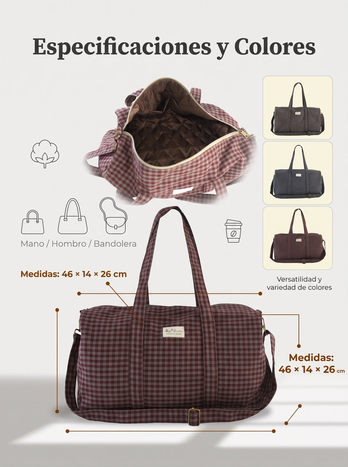 Bolso barrel de cuadros de algodón con asas y bandolera