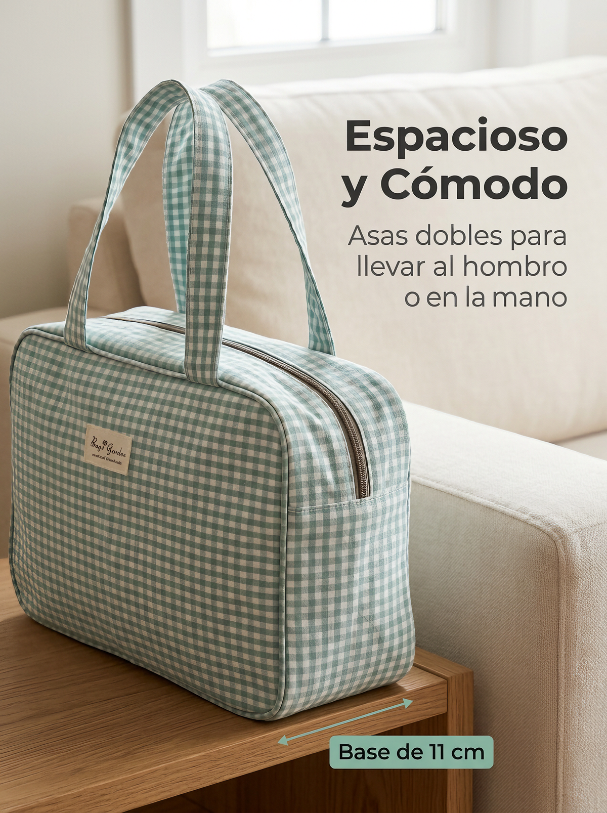 Bolso de Mano Rectangular Vichy con Cremallera y Bolsillo Interior